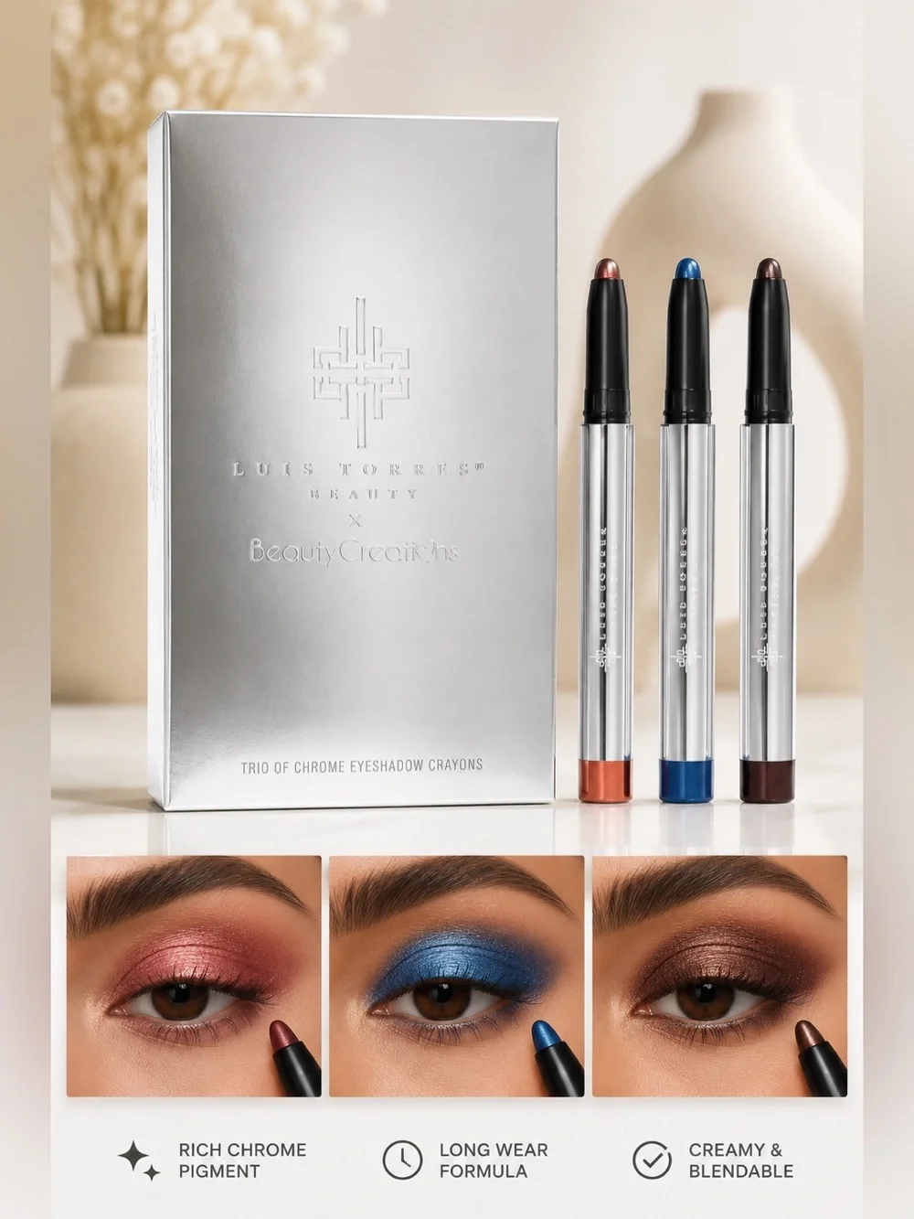 Beauty Creations Chrome Eyeshadow Crayons - Rose, Blue, Bronze